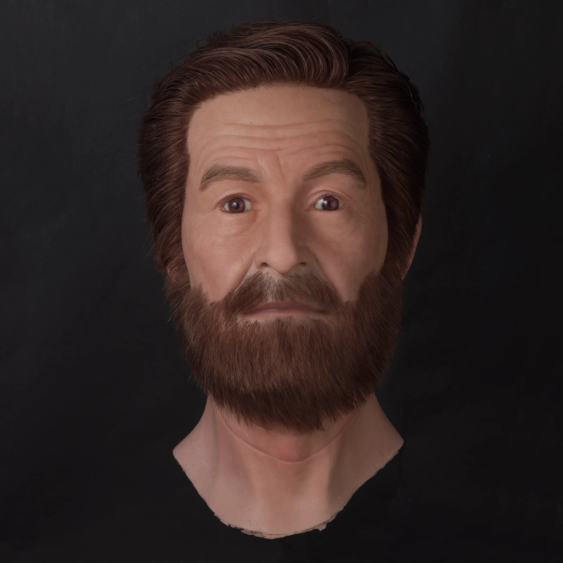 Ultra-realistic men’s silicone mannequin head with implanted hair and beard
