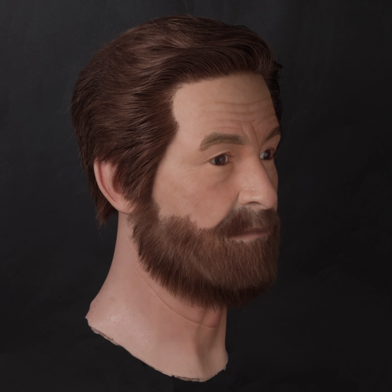 Ultra-realistic men’s silicone mannequin head with implanted hair and beard