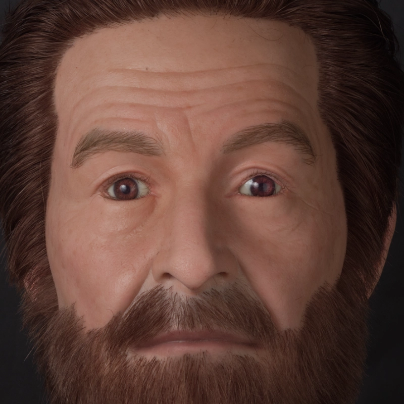 Ultra-realistic men’s silicone mannequin head with implanted hair and beard