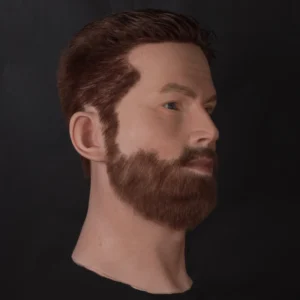 Ultra-realistic men’s silicone mannequin head with implanted hair and beard