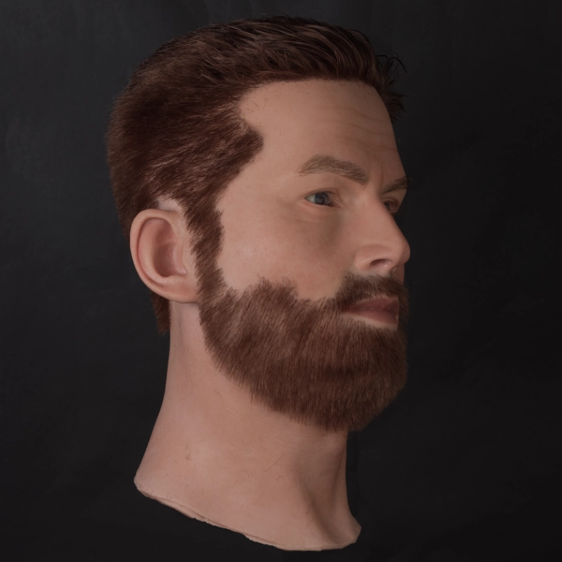 Ultra-realistic men’s silicone mannequin head with implanted hair and beard