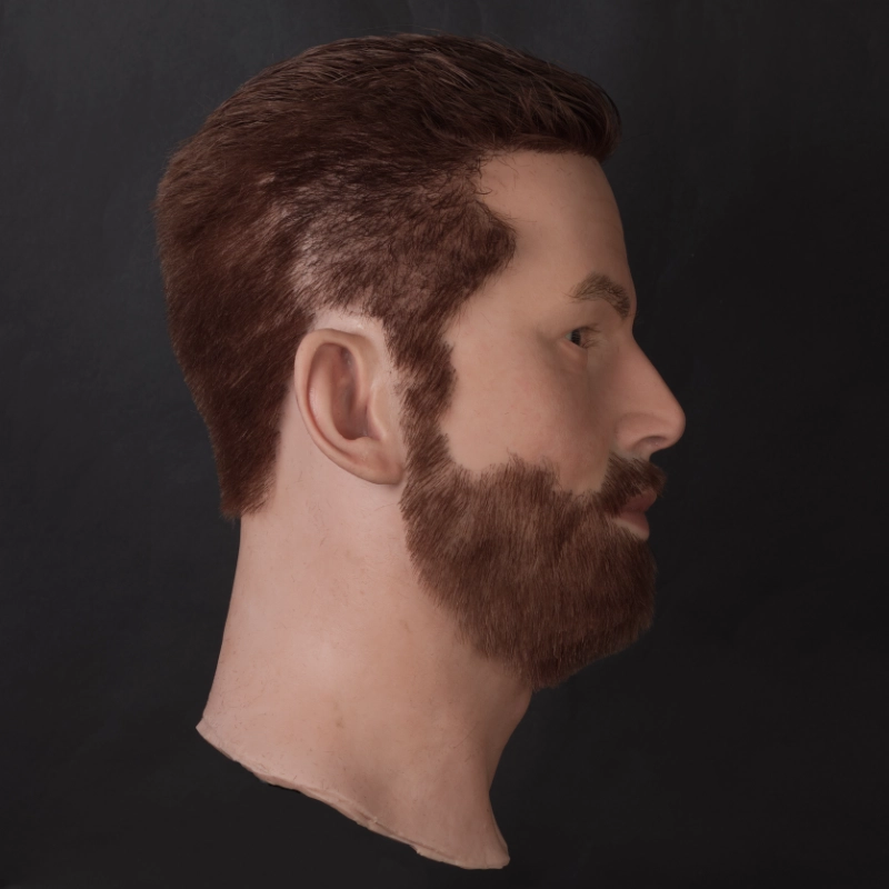 Ultra-realistic men’s silicone mannequin head with implanted hair and beard