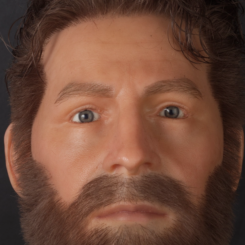 Ultra-realistic men’s silicone mannequin head with implanted hair and beard