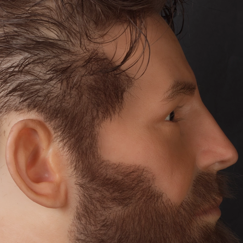 Ultra-realistic men’s silicone mannequin head with implanted hair and beard