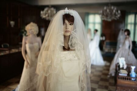 fashion mannequins in wedding dresses at Bride Flight, the movie