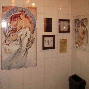Jugendstil tile paintings inspired by Alfons Mucha at Venustempel
